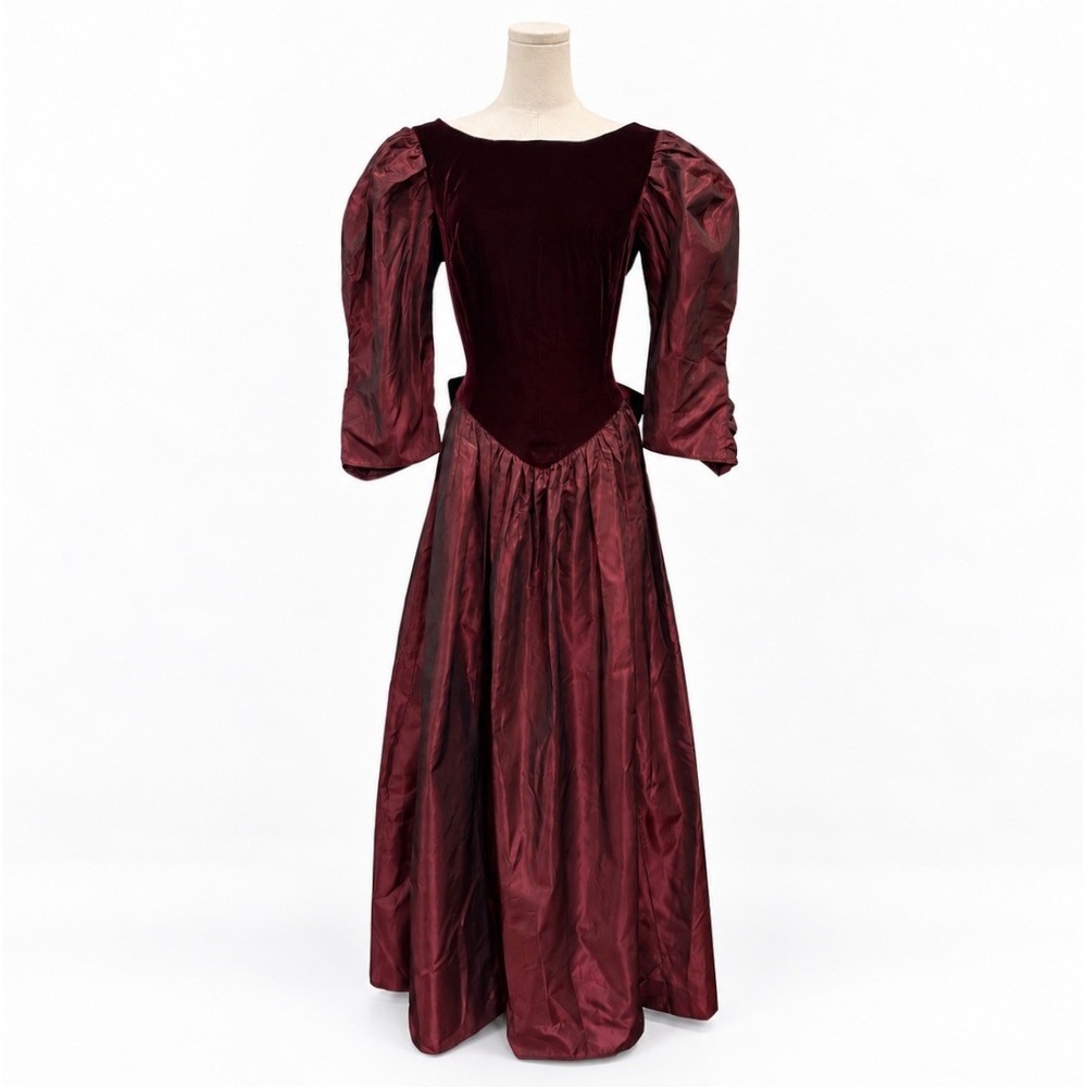 VTG 80s Burgundy Velvet Taffeta Princess Dress Victorian Goth Basque Bow Formal